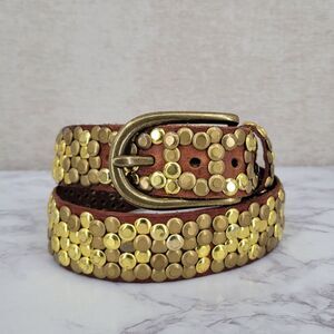 Sam Brown Heavy Brass Studded Brown Leather Belt Western Boho